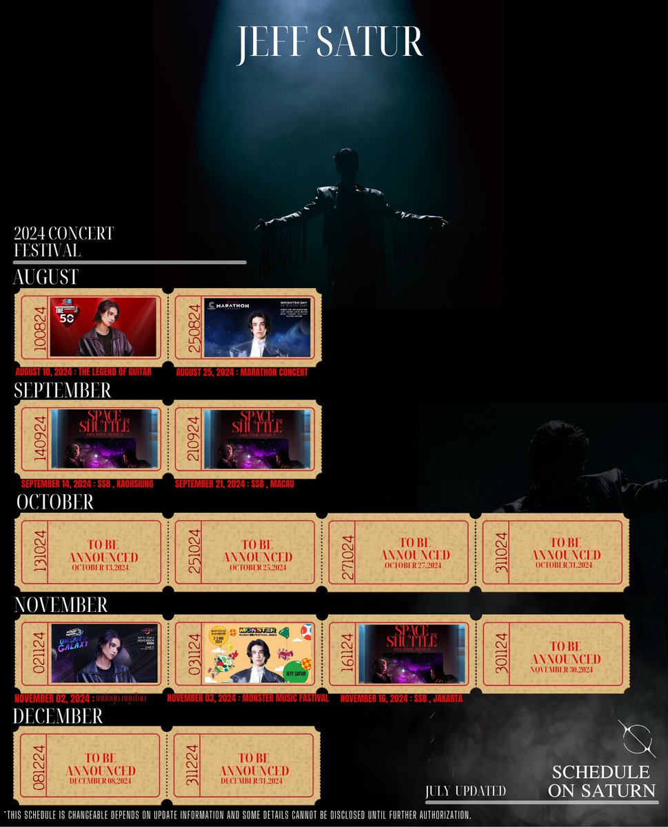 studio_onsaturn's tweet image. • Schedule on Saturn •

       CONCERT FESTIVAL
               
      JULY UPDATED 2024

**This schedule is changeable depends on update information and some details cannot be disclosed until further authorization.

#JeffSatur