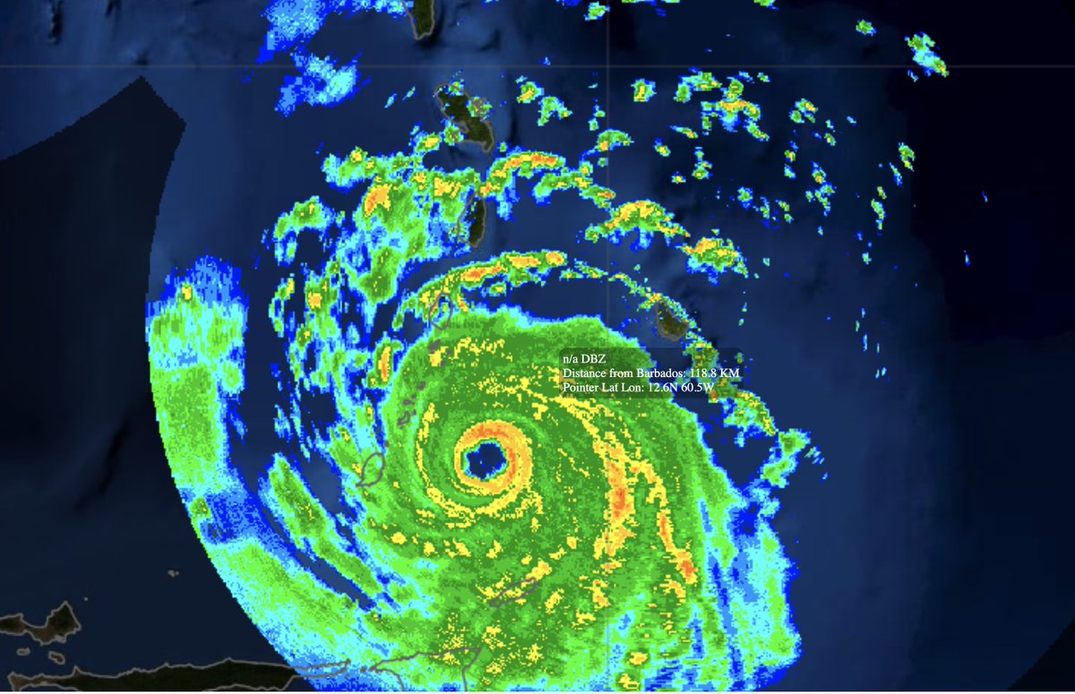 AndyHazelton's tweet photo. #NerdTweet High-resolution visible imagery and radar out of Barbados show a "polygonal eyewall" in #Beryl this morning. These are caused by so-called "mesovortices" and form in high-end hurricanes when the eyewall becomes so strong it becomes barotropically unstable. https://t.co/Gh3qUT1rsE