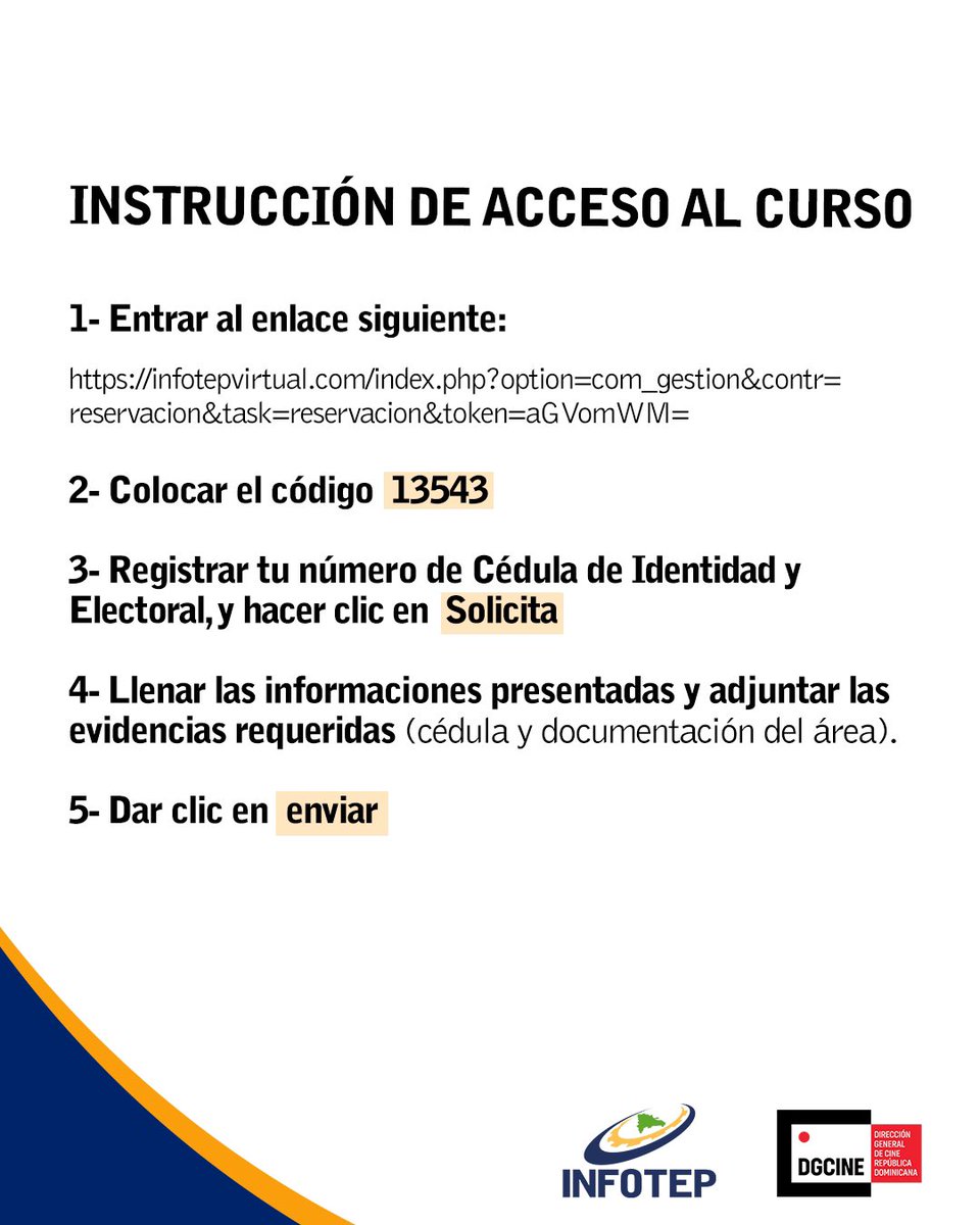 InfotepRD's tweet image. CUPO DISPONIBLE ✅

Acción formativa:

La continuidad cinematográfica 🎥🎞️🎬

Enlace de inscripción:

🔗 infotepvirtual.com/index.php?opti…

🔐Código: 13543

¡Esperamos por ti!

#INFOTEP
@DGCINERD 

#CapacitarEsProgresar
#INFOTEPCreaOportunidades 
#INFOTEPteImpulsa