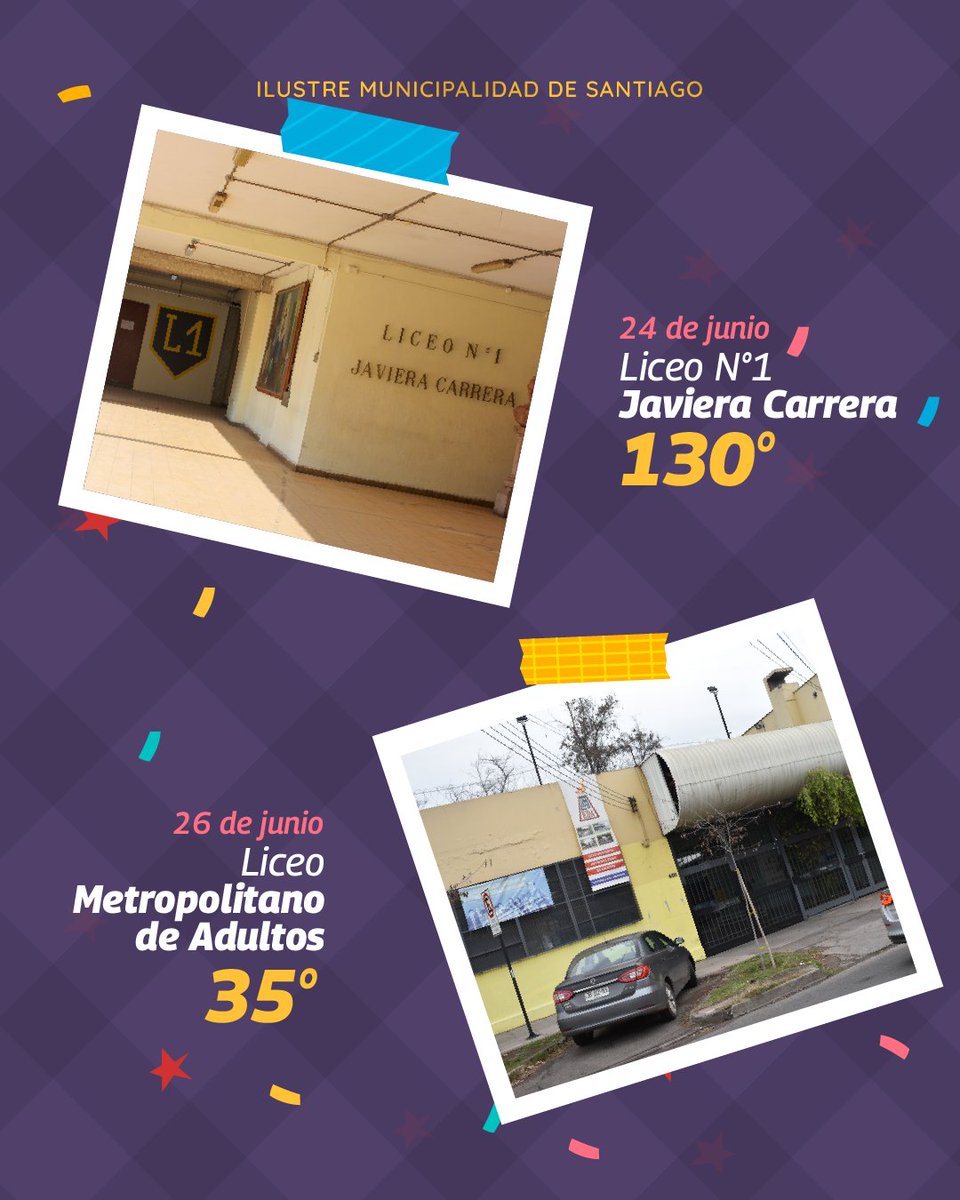 Muni_Stgo's tweet photo. #STGOEduca ¡Aniversario escuelas y liceos de Santiago! 🏫
Llegamos a fines de mayo y queremos saludar a los establecimientos que estuvieron de aniversario este mes, cumpliendo un año más al servicio de la educación pública de Santiago 🎂 ✨ https://t.co/D99GVpqSog