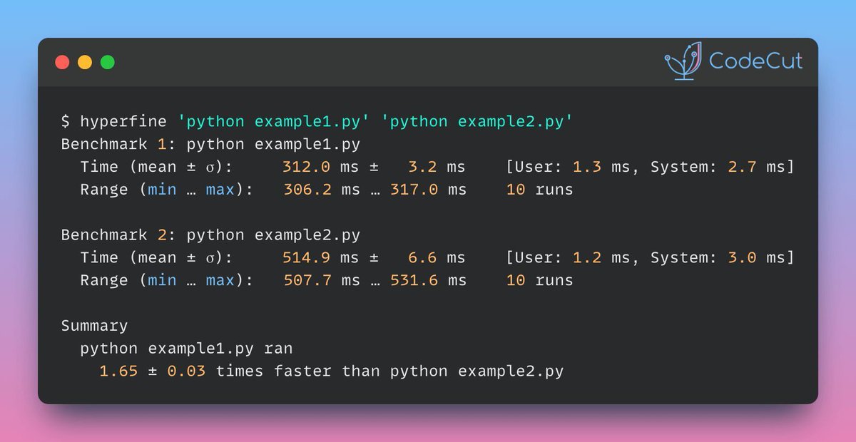 KhuyenTran16's tweet image. When comparing the speed of two Python commands, use hyperfine. hyperfine creates a statistical analysis across multiple runs and detects outliers.
🚀 Link to hyperfine: bit.ly/3xEMyeM
#SpeedComparison #PerformanceTesting