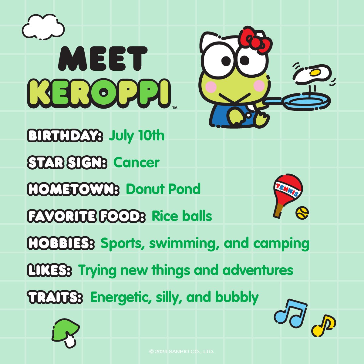 Happy July 💚 Keroppi is our Friend of the Month and he's ready to celebrate @HelloKitty's 50th Anniversary! Here are some fun facts about our favorite adorable frog 🐸 #HelloKitty50th