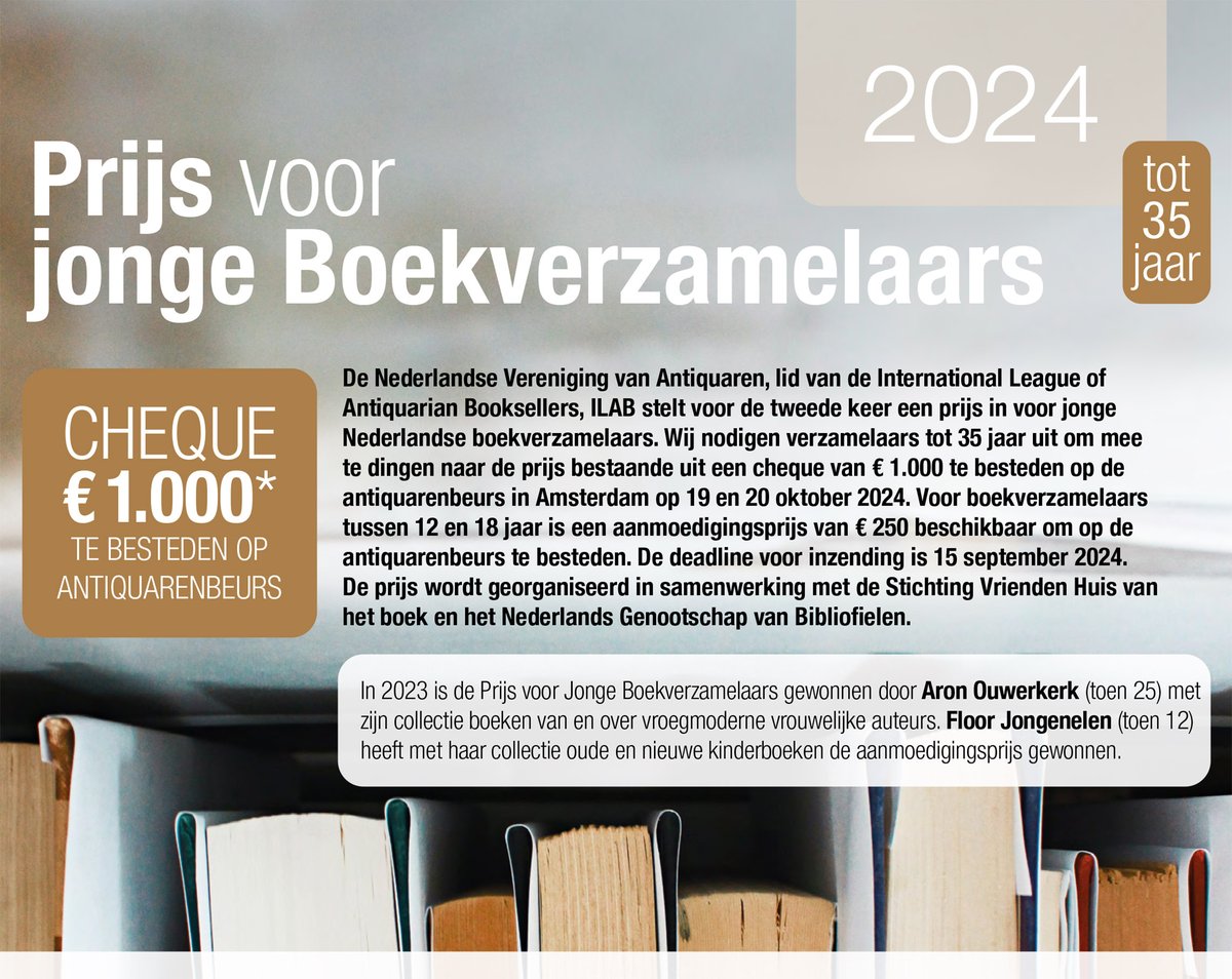 If you collect books, are Dutch, 35 or younger, and would like to win € 1.000 to spend during this year's Amsterdam Book Fair (Oct. 19-20), then we are looking for you! Check this website for more information (in Dutch):

nvva.nl/prijs-voor-jon…