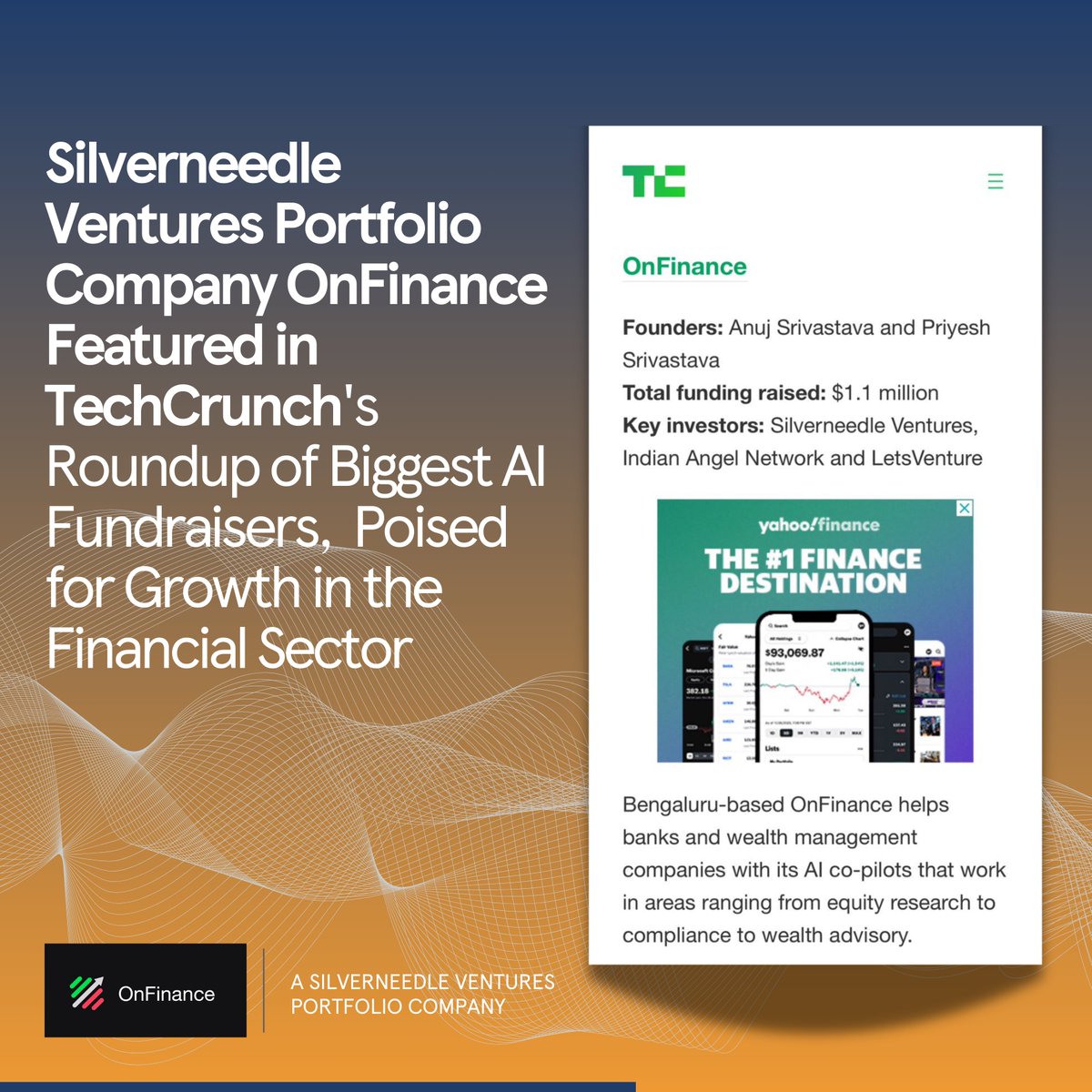 SilverneedleV's tweet photo. We're thrilled to celebrate our portfolio company, @OnFinance_ai, for being recognized as one of #India's biggest #AIstartups in @TechCrunch's latest #fundingroundup!
https://t.co/h1lGjAEqhB
#SilverneedleVentures #OnFinance #AI #FinTech #StartupIndia https://t.co/3hU10Kdeea