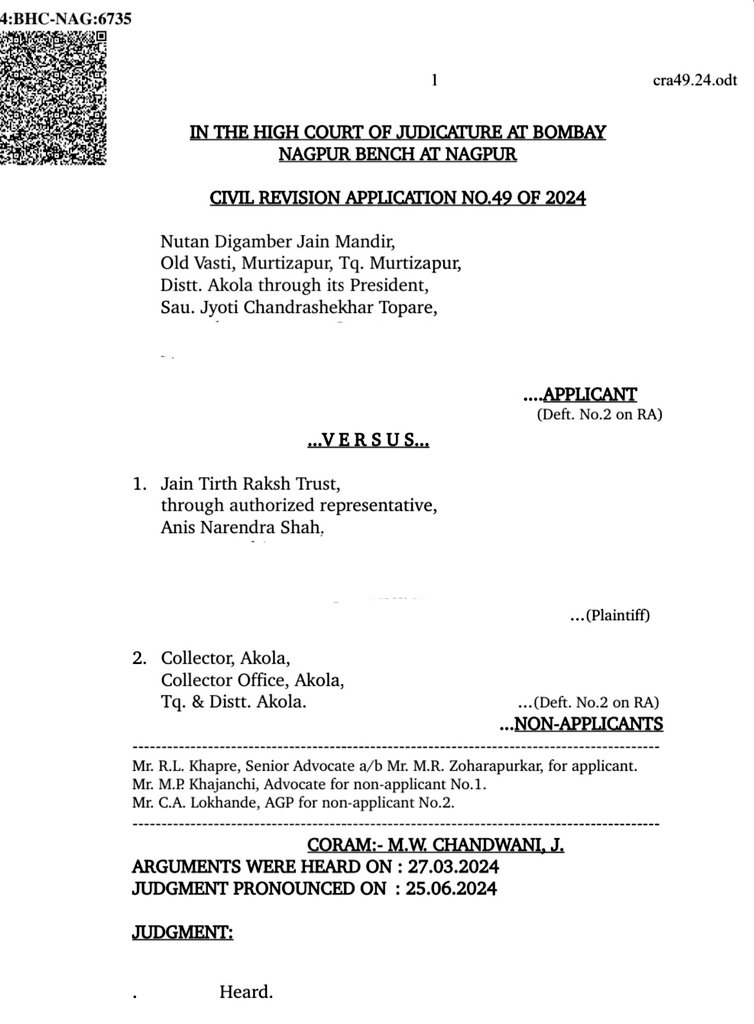 Jainismrevival's tweet photo. The High Court Judgement is issued.
Highlights:
- Arguments were heard on 27.03.24
- Judgement was passed on 25.06.24
- Stay granted to #Shwetambars by Civil court is in effect
- #Digambars appeal for cancellation of Stay is 'rejected' by High court too, on lack of Merit https://t.co/XaRZoxQrsQ