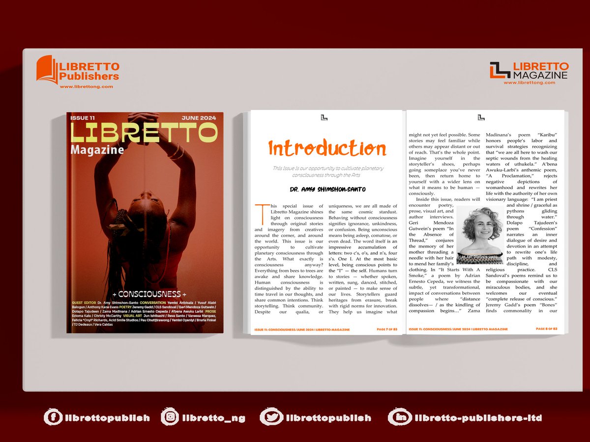 librettong's tweet photo. This issue is our opportunity to cultivate planetary consciousness through the Arts by Dr. Amy Shimshon-Santo.
#librettopublishers
#librettomagazine
#librettobooks
#Issue11
#consciousness
#internationalmagazine
#GlobalCreativity
#Writers
#Poets
#VisualArtists
#NewRelease https://t.co/wqHomMiQ4A