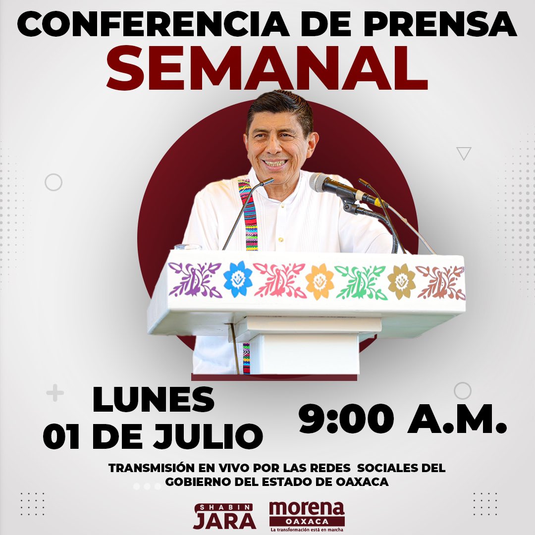 Paisanos y paisanas no se pierdan la #ConferenciaDePrensa del Gobernador <a href="/salomonj/">Salomón Jara Cruz</a> 

¡Buenos días, excelente inicio de semana!