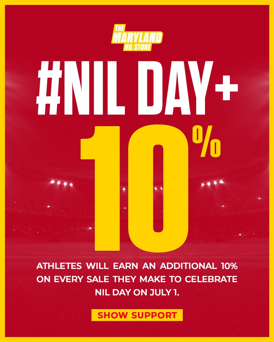 It's #NILDay! 🎊

Athletes will be making an additional 10% on all purchases made today, July 1, marking this exciting milestone!

Shop: Maryland.NIL.Store

#NameImageLikeness #NILStore