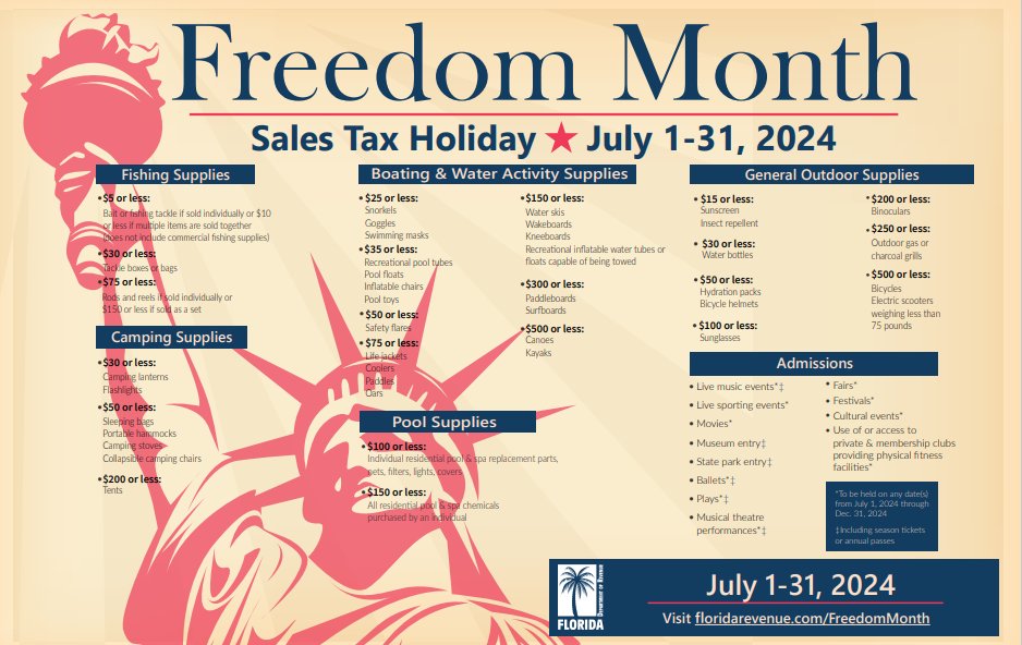 Today signals the beginning of Freedom Month and the Florida Sales Tax Holiday! From July 1 to 31, 2024, take advantage of tax-free shopping on a variety of items. Seize this chance to save while getting ready for the upcoming season. Happy shopping! #FreedomMonth #TaxHoliday 🛍️