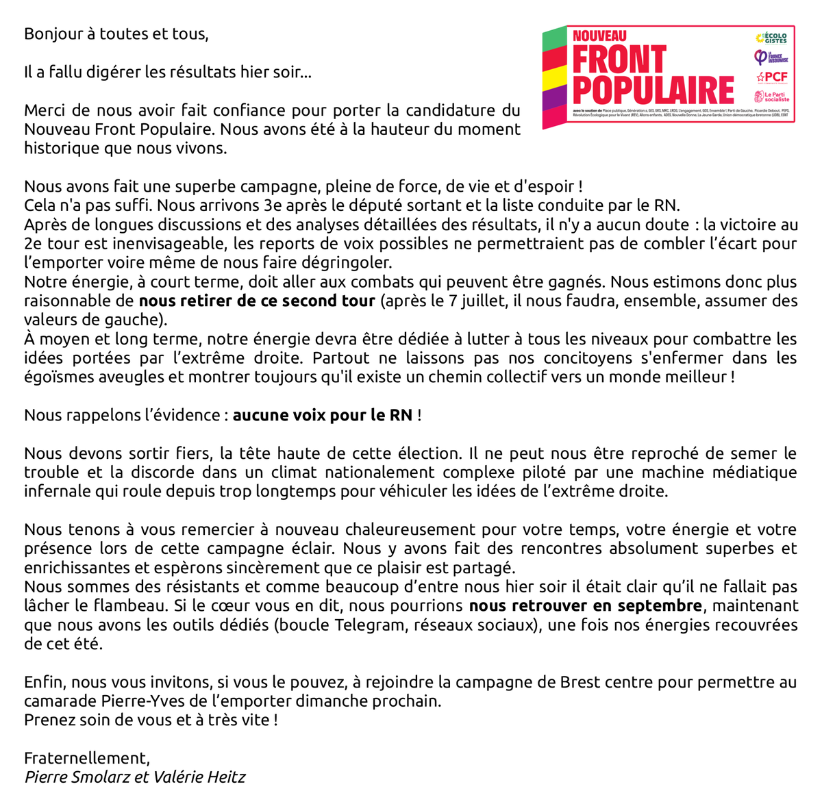 Nous avons fait une superbe campagne, pleine de force, de vie et d'espoir ! Cela n'a pas suffi.
Arrivés 3e, nous choisissons de nous retirer, et rappelons l’évidence : aucune voix pour le RN !
Faisons gagner le camarade <a href="/pycadalen/">Pierre-Yves Cadalen</a> et retrouvons-nous en septembre !