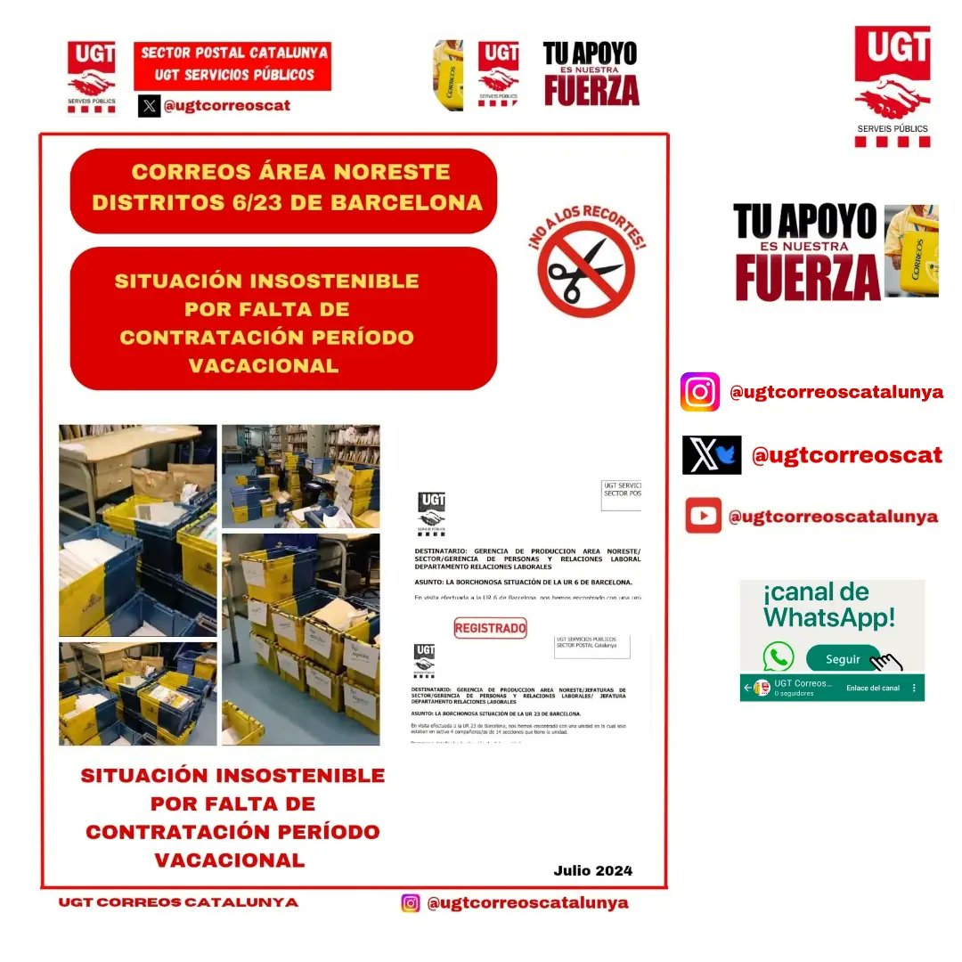 UGT Correos Catalunya (@ugtcorreoscat) on Twitter photo 🔴 Correos Área Noreste.
🔴 DISTRITOS 6/23 de Barcelona.
🗣️ Situación insostenible por la falta de cobertura secciones de reparto.
#correos #Correos #UGT
#UGTCorreos #ugtcorreos
<a href="/_efermar/">Encarna Fdez UGT</a> <a href="/UGT_SP_CAT/">UGT - Serveis Públics de Catalunya</a> <a href="/ServeisUgt/">UGT Serveis Públics Terres de l'Ebre</a> <a href="/PilarGonugt/">Pili Gonzalez</a>
<a href="/UGTGironaPostal/">UGT- POSTAL GIRONA</a> <a href="/ugtcorreostgna/">ugtcorreostgna</a> 🔴 Correos Área Noreste.
🔴 DISTRITOS 6/23 de Barcelona.
🗣️ Situación insostenible por la falta de cobertura secciones de reparto.
#correos #Correos #UGT
#UGTCorreos #ugtcorreos
<a href="/_efermar/">Encarna Fdez UGT</a> <a href="/UGT_SP_CAT/">UGT - Serveis Públics de Catalunya</a> <a href="/ServeisUgt/">UGT Serveis Públics Terres de l'Ebre</a> <a href="/PilarGonugt/">Pili Gonzalez</a>
<a href="/UGTGironaPostal/">UGT- POSTAL GIRONA</a> <a href="/ugtcorreostgna/">ugtcorreostgna</a>