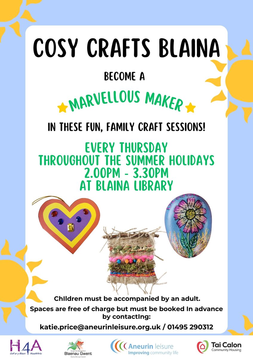 🎨 Cosy Crafts Blaina

Become a marvellous maker in these fun, family craft sessions!

📅 Every Thursday throughout the summer holidays
⏲ 2.00pm – 3.30pm
📍 At Blaina Library

<a href="/BG_Libraries/">BG Libraries</a>