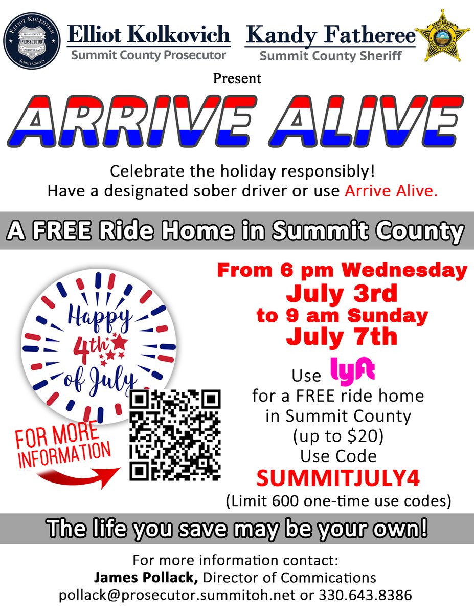 ProsKolkovich's tweet image. We're teaming up with @SummitSheriff for Arrive Alive - Stay Safe for the July 4 Holiday - FREE or reduced rides via @lyft this week bit.ly/4eHTYyD #July4 #safety #freerides #akron #summitcounty