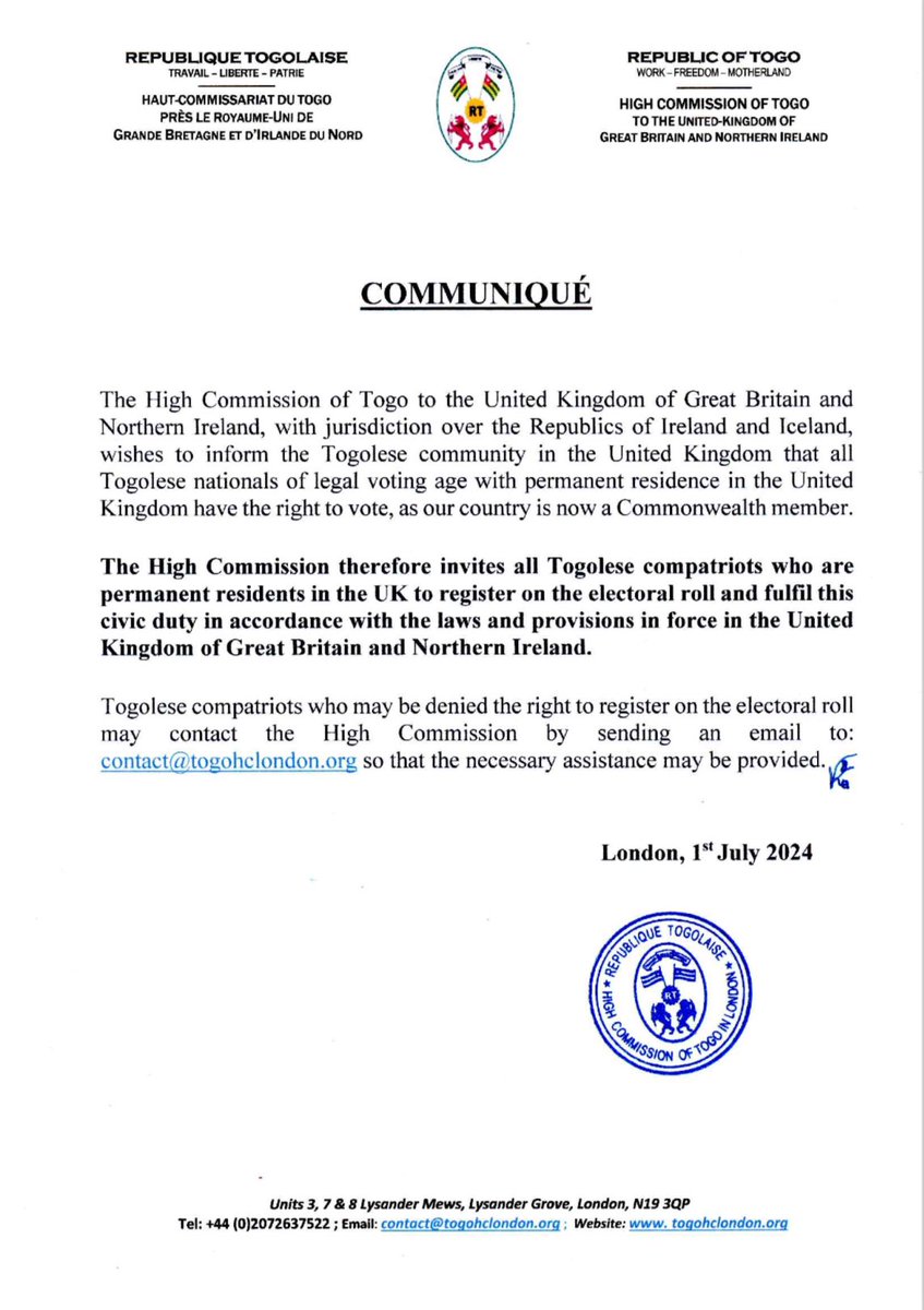 hctogolondon's tweet photo. Le Togo étant membre du Commonwealth, les citoyens togolais en âge de voter sont invités à s’inscrire sur les listes électorales du Royaume -Uni afin d’exercer leur droit de vote. https://t.co/3jkjB5alRr