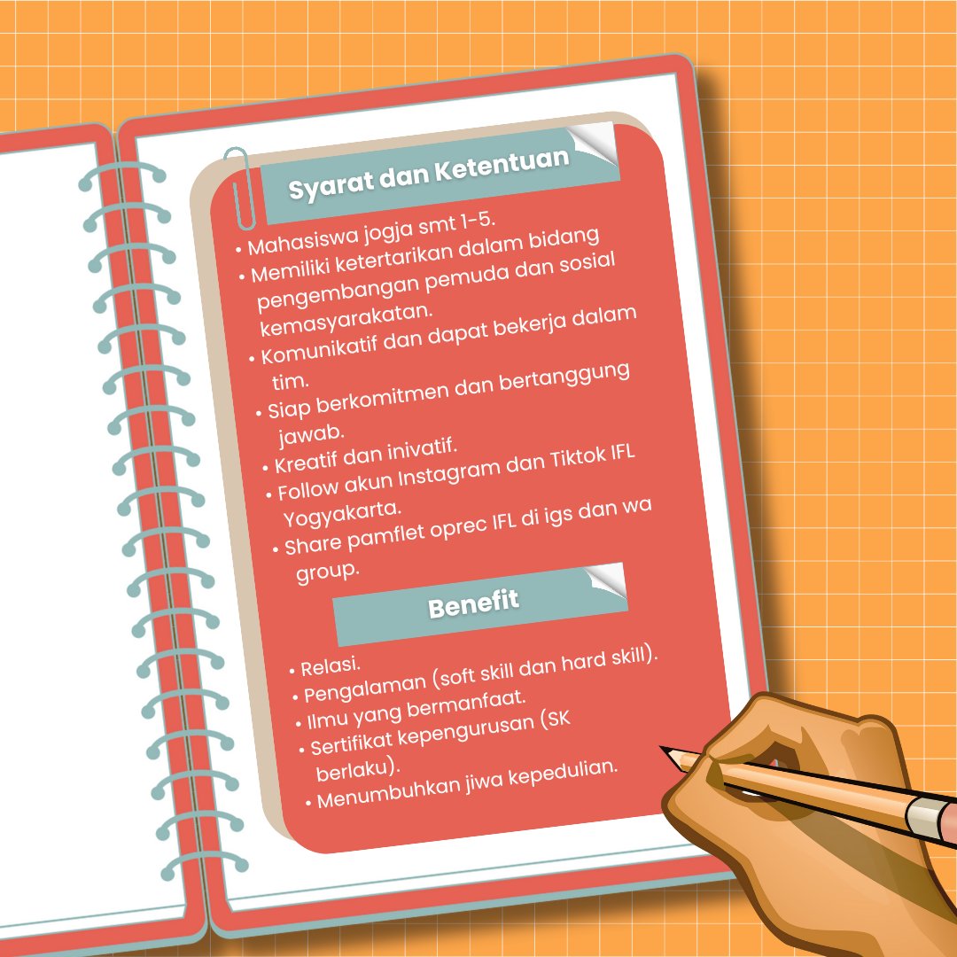 ✨CALLING FOR NEW MEMBER ON IFL CHAPTER JOGJA ✨

Find us on
Email    : futureleaders.jogja@gmail.com
TikTok  : ifutureleadersyogya
X           : iflyogya

#IndonesianFutureLeaders
#IndonesianFutureLeadersJogja 
#Oprec #Organization