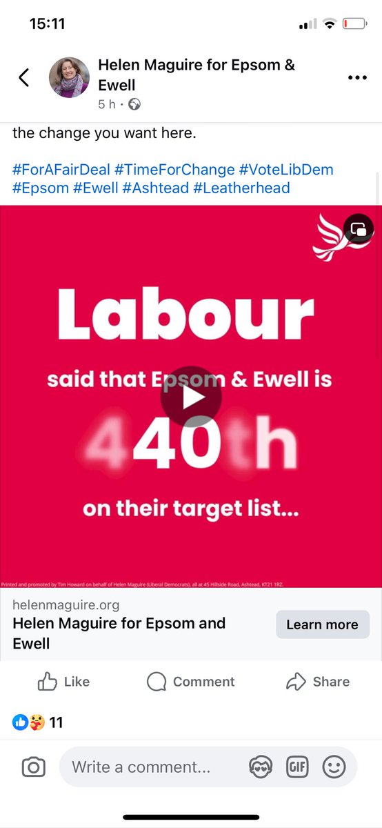 Epsom &amp; Ewell Lib Dem campaign peddling more false information claiming Epsom &amp; Ewell is Labour target 440 when it is Labour target 235

Labour is on target to gain 250 seats in most polls so it’s right within the Labour win zone

Don’t believe the Lib Dem misinformation campaign