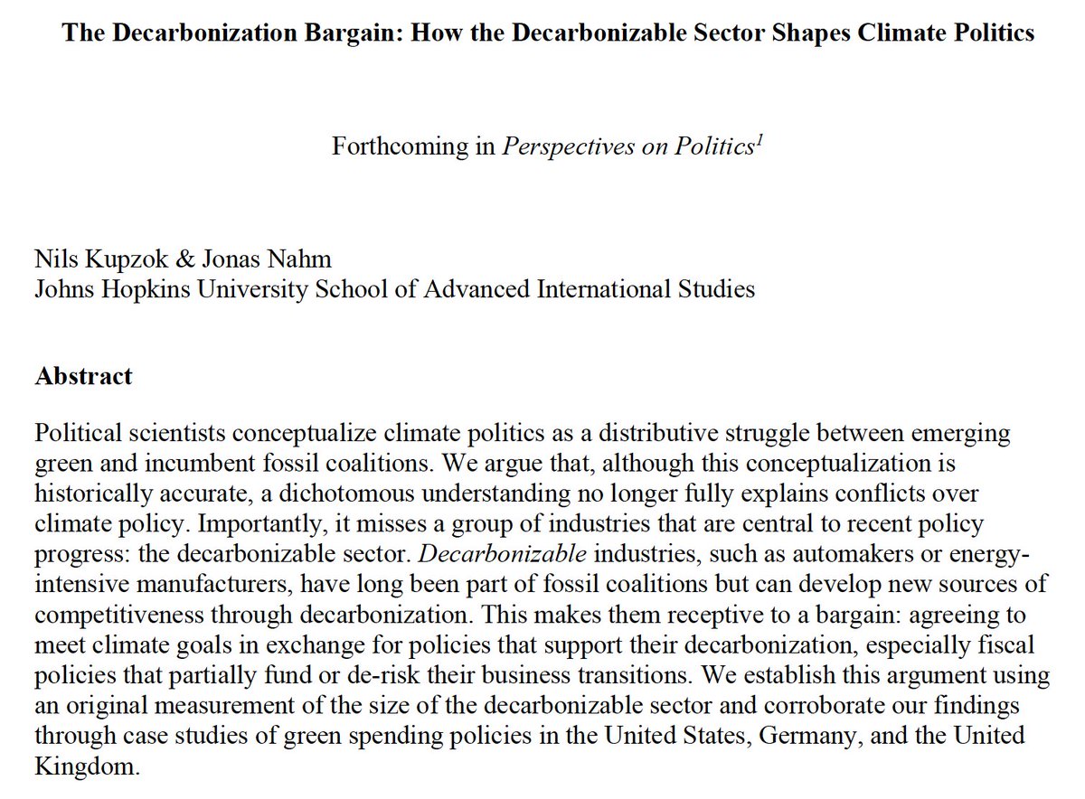 Nils Kupzok (@nkupzok) on Twitter photo My new preprint "The Decarbonization Bargain: How the Decarbonizable Sector Shapes Climate Politics" (forthcoming, @Pop_sphere, with <a href="/jonasnahm/">Jonas Nahm</a>) is now out!
⬇️Link⬇️ My new preprint "The Decarbonization Bargain: How the Decarbonizable Sector Shapes Climate Politics" (forthcoming, @Pop_sphere, with <a href="/jonasnahm/">Jonas Nahm</a>) is now out!
⬇️Link⬇️