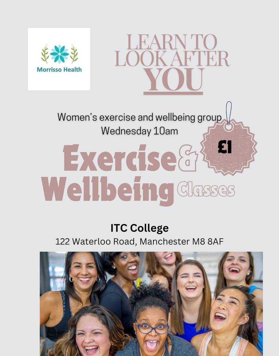 Weekly Exercise and Wellbeing 12 week Programme

Improve your wellbeing through physical activity

£1 per session
Free *subject to eligibility*
At ITC Centre 
122 Waterloo Road, M8 8AF
01618399817

Register now via the link below forms.gle/QjFWpYunuCL27L…