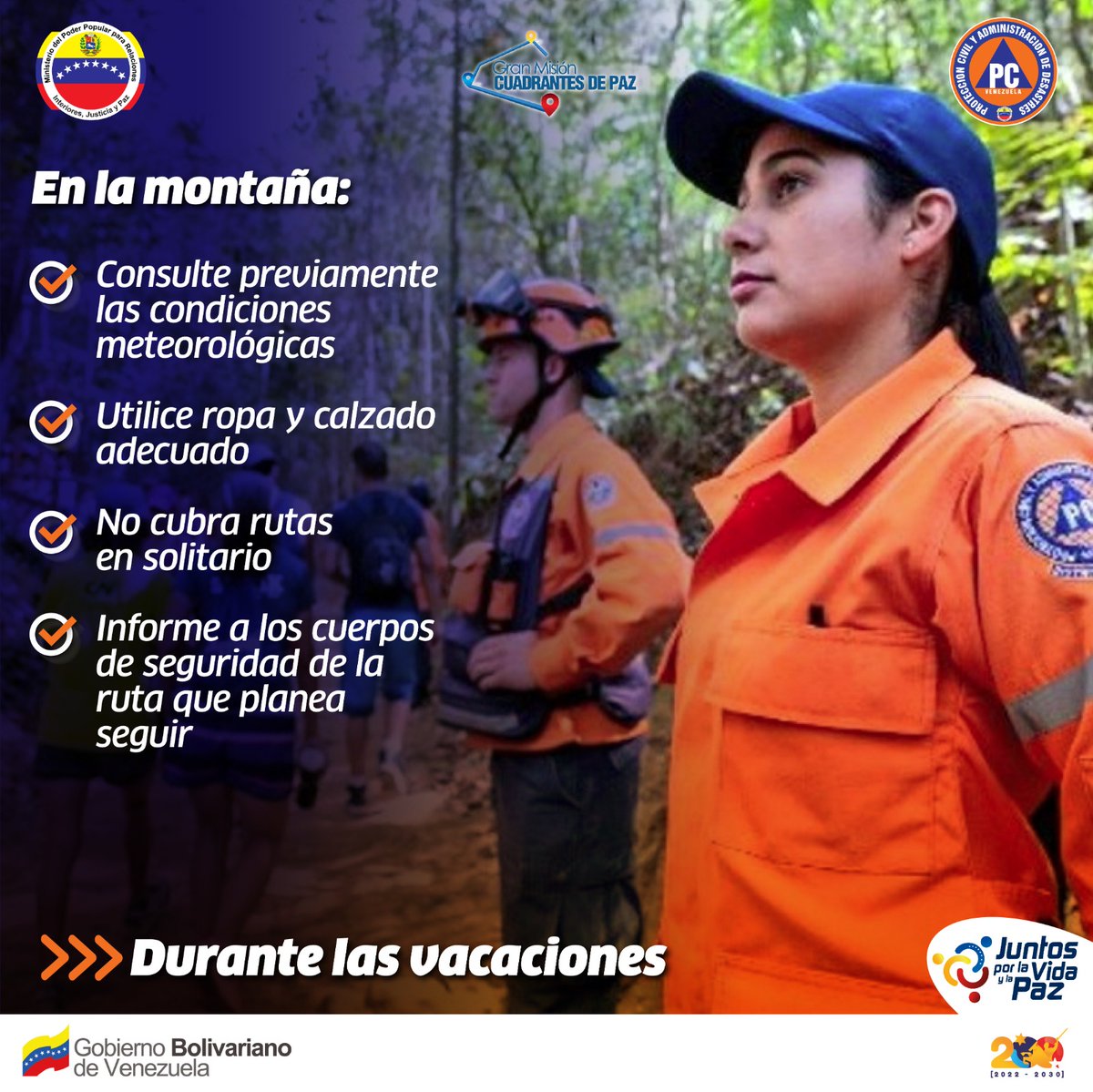 Vgrpc_MIJP's tweet photo. #1Jul | En esta temporada vacacional si va de paseo con su familia para la montaña, tenga en cuenta las siguientes recomendaciones.
#JuntosPorLaVidaYLaPaz
#JulioDeVictoria
#BalanceVgrpc
#Vrpc
#Sngr https://t.co/SKobWy0ND2