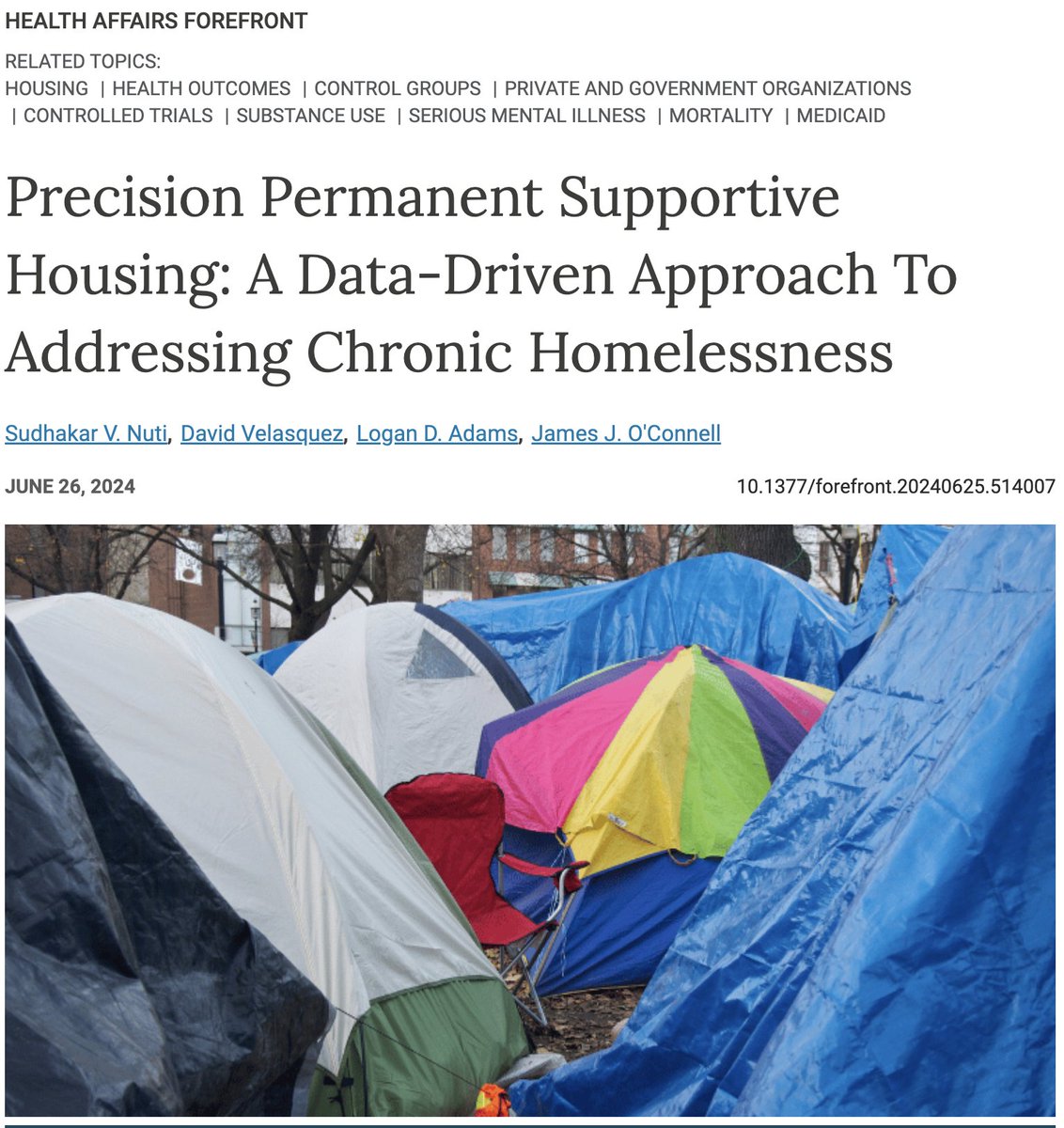 David Velasquez, MD (@davidevelasqu) on Twitter photo We believe that permanent supportive housing is the best solution to address chronic homelessness in America.
And we also believe that this solution has room for improvement.
Our latest in <a href="/Health_Affairs/">Health Affairs</a> led by the phenomenal <a href="/SudhakarNuti/">Sudhakar Nuti</a>, +<a href="/LoganAdams03/">Logan Adams</a> & the legendary James We believe that permanent supportive housing is the best solution to address chronic homelessness in America.
And we also believe that this solution has room for improvement.
Our latest in <a href="/Health_Affairs/">Health Affairs</a> led by the phenomenal <a href="/SudhakarNuti/">Sudhakar Nuti</a>, +<a href="/LoganAdams03/">Logan Adams</a> & the legendary James