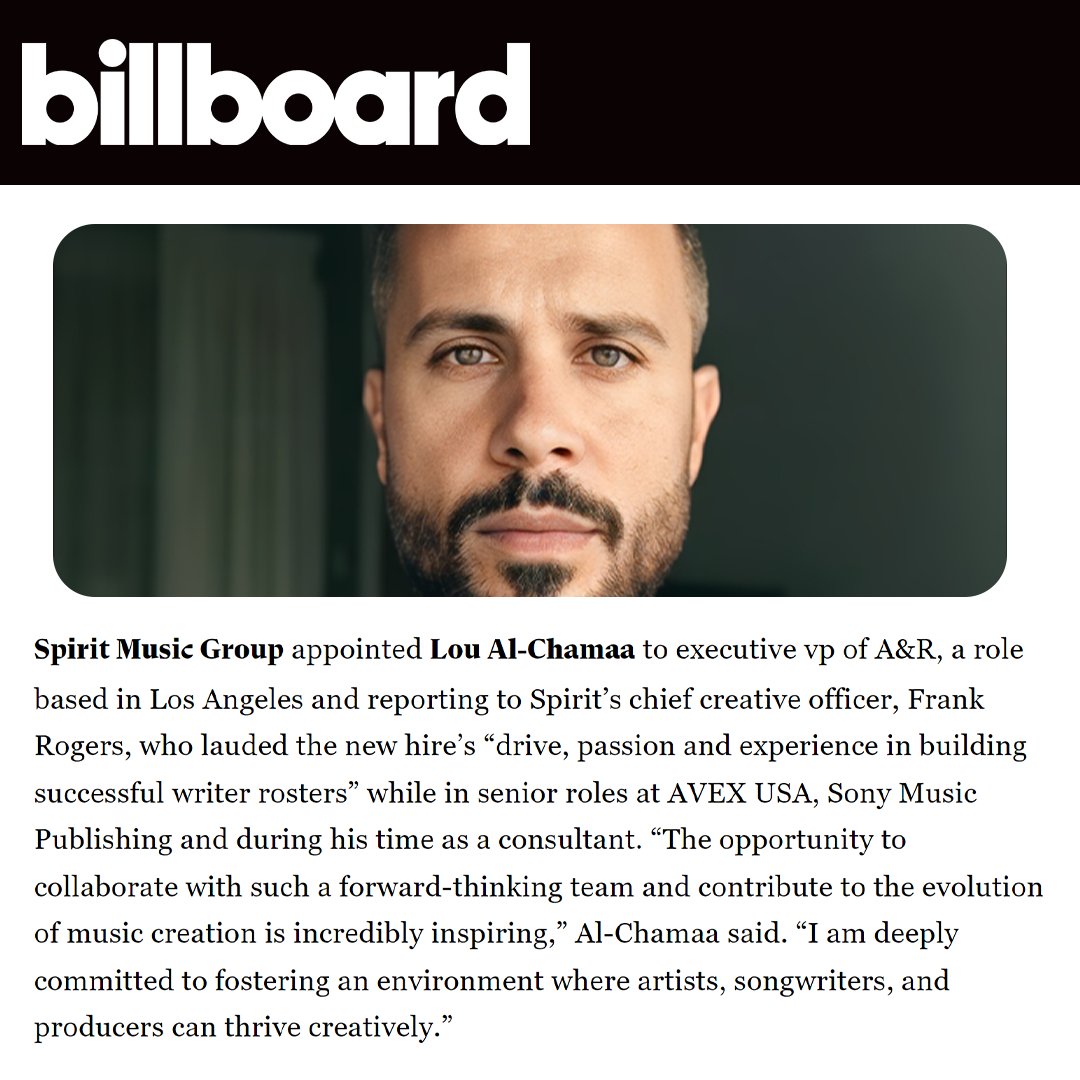 Spirit Music Group has appointed highly respected A&amp;R veteran <a href="/loualchamaa/">Lou Al-chamaa</a> to the role of Executive Vice President of A&amp;R. In this new role, Al-Chamaa will sign, develop artists, songwriters and producers for Spirit Music Group.