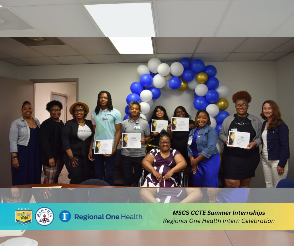 Regional One leadership sung praises about our summer interns! We are so proud and can't wait to see each of your careers blossom into greatness.

Students pictured (L-R):
▪ Cordova HS - Terrell Carter, Jamya McRae, Colvin Davis
▪ Kingsbury CTC - Makayla Ward, Evelyn Garcia