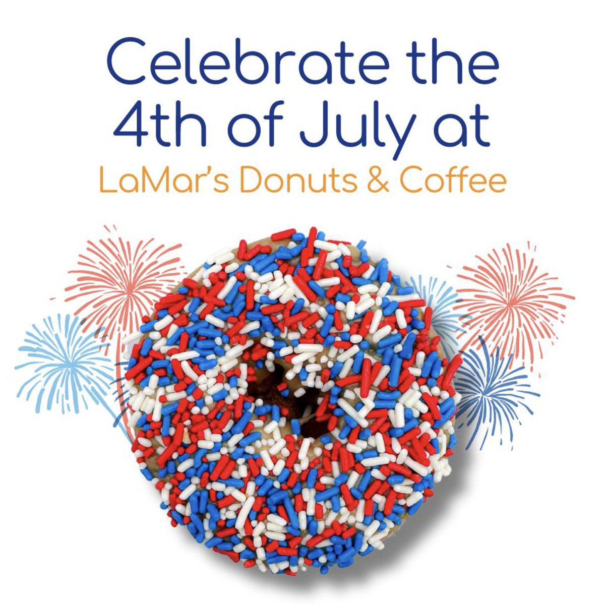 LaMarsDonuts's tweet image. Fireworks and BBQs aren’t complete without donuts that are absolutely scintillating. Don't forget to stop by and grab a festive Red, White, and Blue Sprinkled Cake Donut. Quench your thirst with a mouth-watering strawberry smoothie!🎇#LaMarsDonuts #MadeFreshDaily #July4th