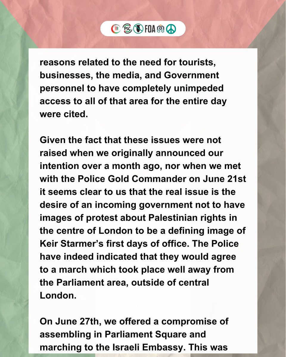 PSCupdates's tweet photo. Coalition statement regarding July 6th Palestine march. https://t.co/4GhRt09hTc