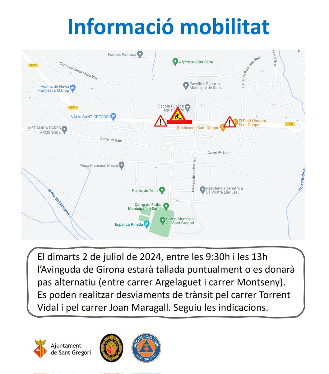 GMsantgregori's tweet photo. ℹ️ Informació mobilitat
⚠️ Aquest dimarts 2 de juliol de 2024, entre 9:30h i les 13h., l'avinguda Girona estarà tallada puntualment o es donarà pas alternatiu (a la zina indicada al plànol). Seguiu les indicacions de Guàrdia Municipal i Protecció Civil. https://t.co/lylRRr3icU