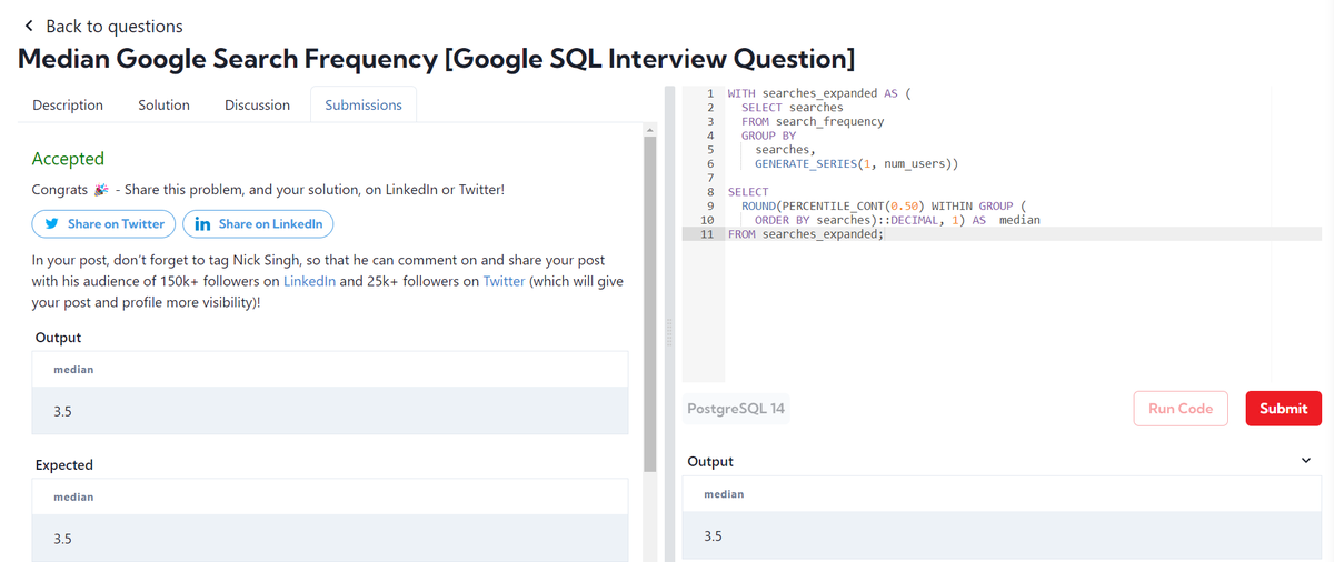 Roopesh_da08's tweet photo. 🚀Day 43 of #ConsistentCodeDays! 🚀

Finished the free SQL questions on DataLemur with three hard questions from Facebook, Google, and Amazon.
On to the next challenge!🧑‍💻
#DataLemur #SQL #TechJourney #Learning  #Codng #DataAnalysis #Data #Analyst #DataAnalyst #Mysql
#Consistent https://t.co/pXbZdysjRT