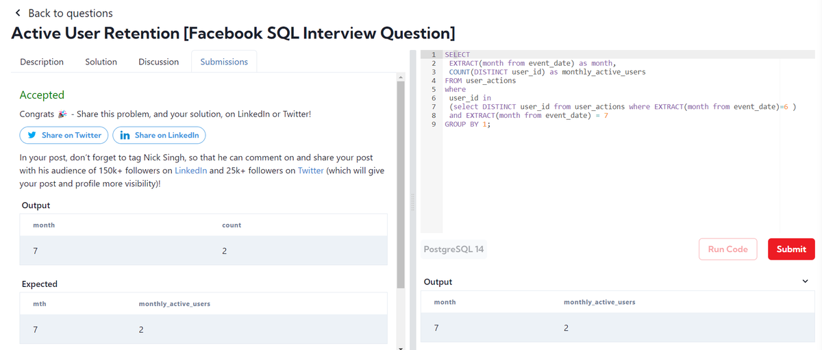 Roopesh_da08's tweet photo. 🚀Day 43 of #ConsistentCodeDays! 🚀

Finished the free SQL questions on DataLemur with three hard questions from Facebook, Google, and Amazon.
On to the next challenge!🧑‍💻
#DataLemur #SQL #TechJourney #Learning  #Codng #DataAnalysis #Data #Analyst #DataAnalyst #Mysql
#Consistent https://t.co/pXbZdysjRT