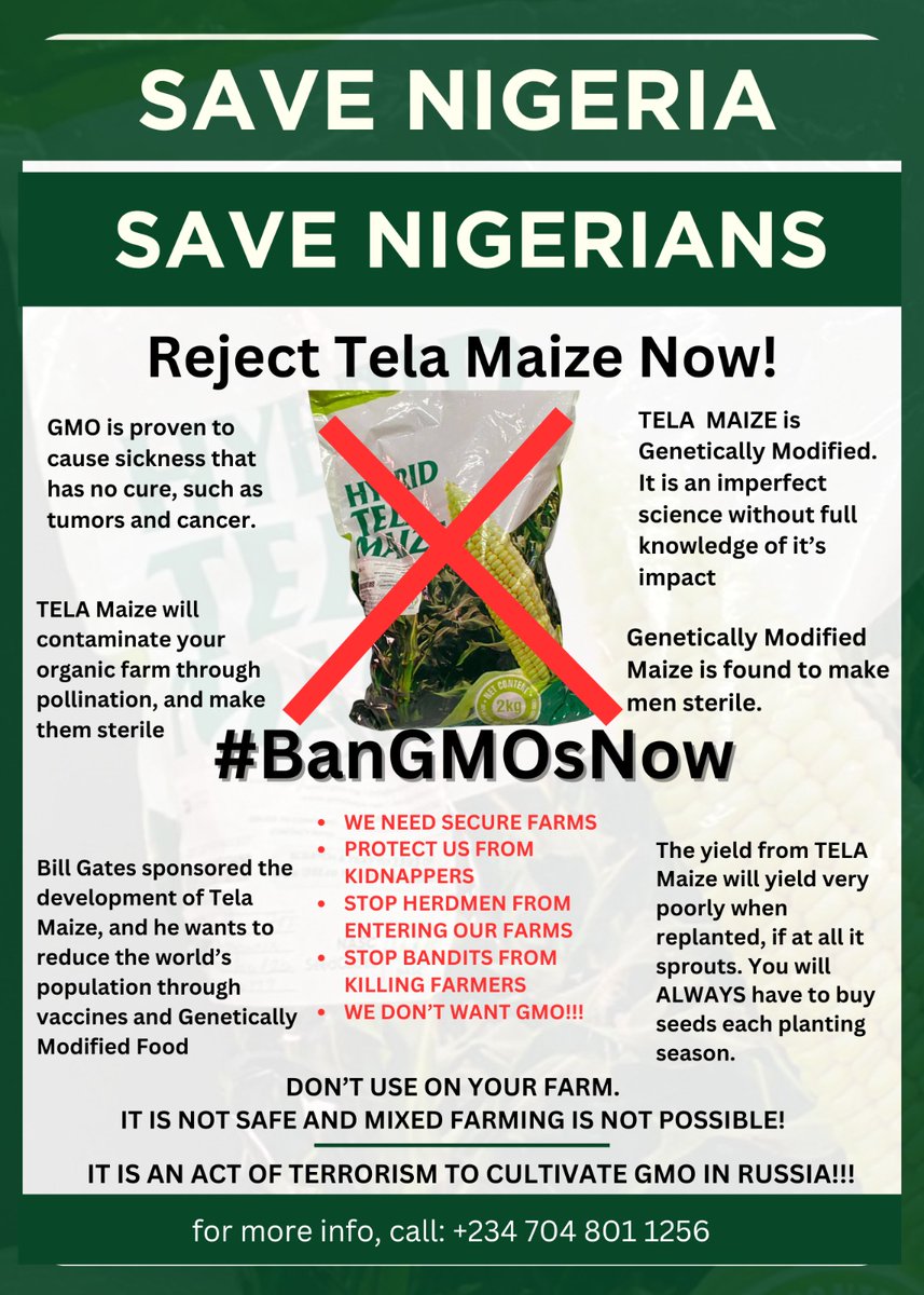 tyoumikures's tweet image. Nigerians, wake up!
Do NOT be deceived!
There's nothing "safe" about Tela Maize!

#BanGMOsNow
