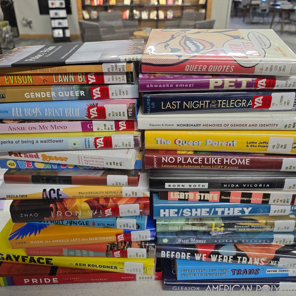 A few of the books featured from last Friday's #JCCC's #PrideMonth event 🏳️‍⚧️ 🏳️‍🌈 Come check us (and these books) out!