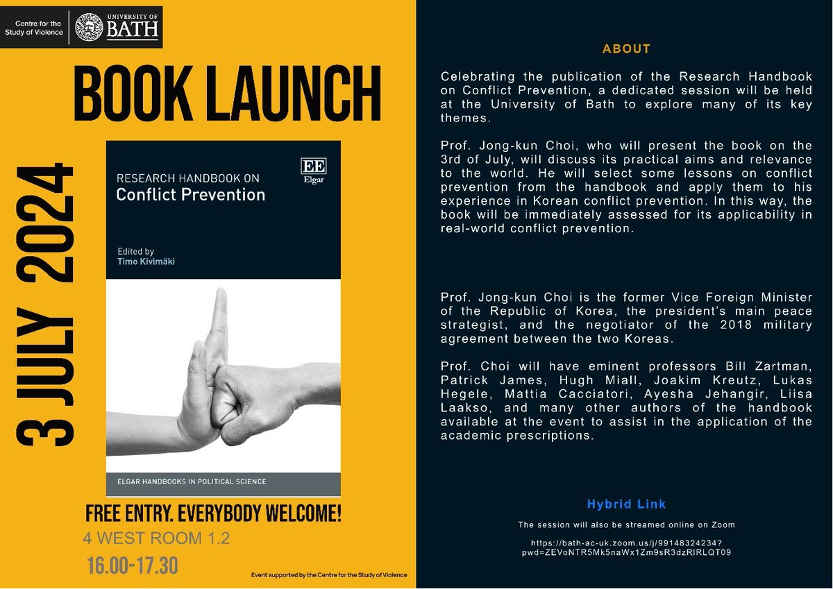 tikivimaki's tweet image. Wednesday 3 July, 16.00-17.30 (UK time): A hybrid book launch of the Research Handbook on Conflict Prevention. Presented by a prominent peacemaker, Prof. Jong-kun Choi, South Korea&apos;s  former vice foreign minister. Venue: Uni of Bath, 4 West Room 1.2. or bath-ac-uk.zoom.us/j/99148324234?…