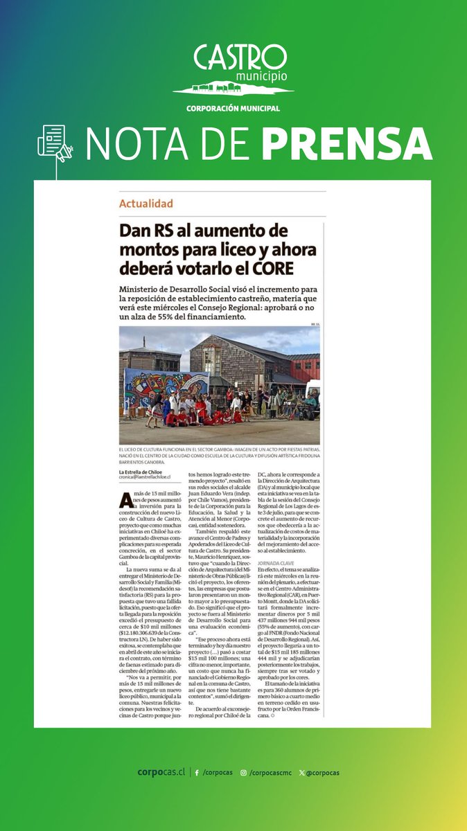 La Estrella de Chiloé destaca la aprobación de aumento presupuestario para el proyecto de reposición de nuestro Liceo de Cultura.

Como lo anunció el alcalde y presidente de nuestra #CorporaciónMunicipal, Juan Eduardo Vera, esta semana será analizado por el Consejo Regional.