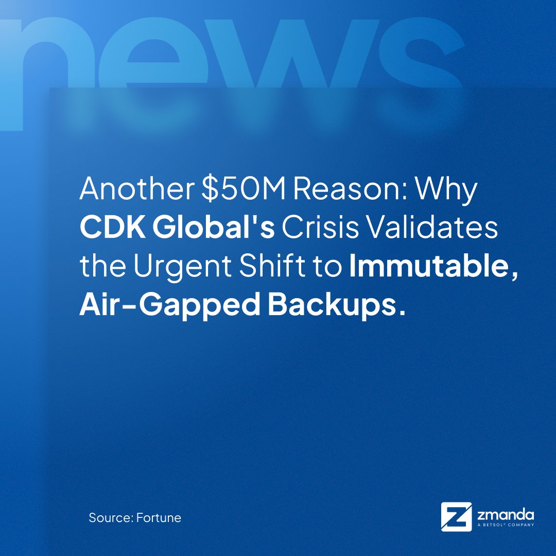 In 48 hours, CDK Global faced 2 ransomware attacks, disrupting GM, Nissan, and 15,000 dealerships. It took $50M to realize the need for robust backups.

Start now without breaking the bank.
Learn here: bit.ly/4eOpnPR

#Ransomware #Cybersecurity #CDKGlobal #DataProtection