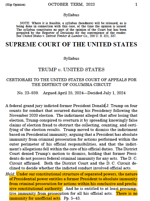 N_Hervieu's tweet photo. Important : La Cour suprême des Etats-Unis juge que le Président bénéficie d'une "immunité absolue" contre les poursuites pénales liées à ses actions relevant de son autorité constitutionnelle.

Et présomption d'immunité pour tous ses actes officiels.

[Trump v. United States] https://t.co/x8adD1ZHB2