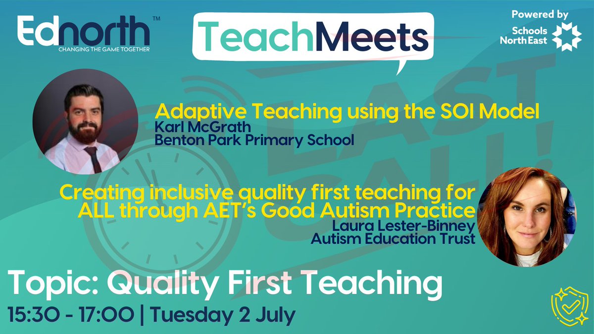 EdNorthUK's tweet image. ⏰LAST CHANCE⏰

We&apos;re looking forward to seeing you all TOMORROW for our session on #QualityFirstTeaching!

Build your confidence and improve your classroom with clever strategies from @benton_park_ps and @AutismEducatio1

Time is running out to book: bit.ly/4aeRVi0