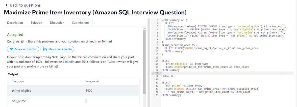 Roopesh_da08's tweet photo. 🚀Day 43 of #ConsistentCodeDays! 🚀

Finished the free SQL questions on DataLemur with three hard questions from Facebook, Google, and Amazon.
On to the next challenge!🧑‍💻
#DataLemur #SQL #TechJourney #Learning  #Codng #DataAnalysis #Data #Analyst #DataAnalyst #Mysql
#Consistent https://t.co/pXbZdysjRT