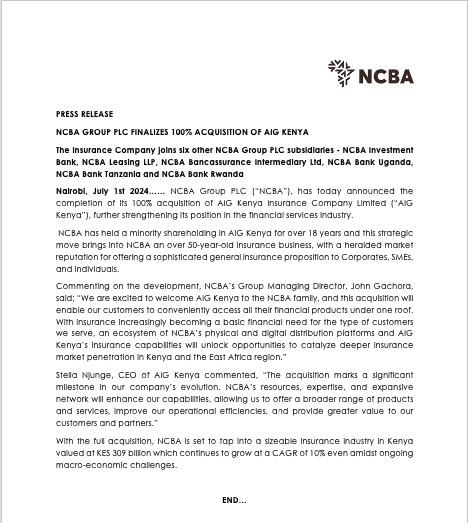 AmbokoJH's tweet photo. AIG Kenya Insurance Company Ltd is now officially a subsidiary of NCBA Group following consummation of 100.0% acquisition by the lender. https://t.co/VTChcyQYtg