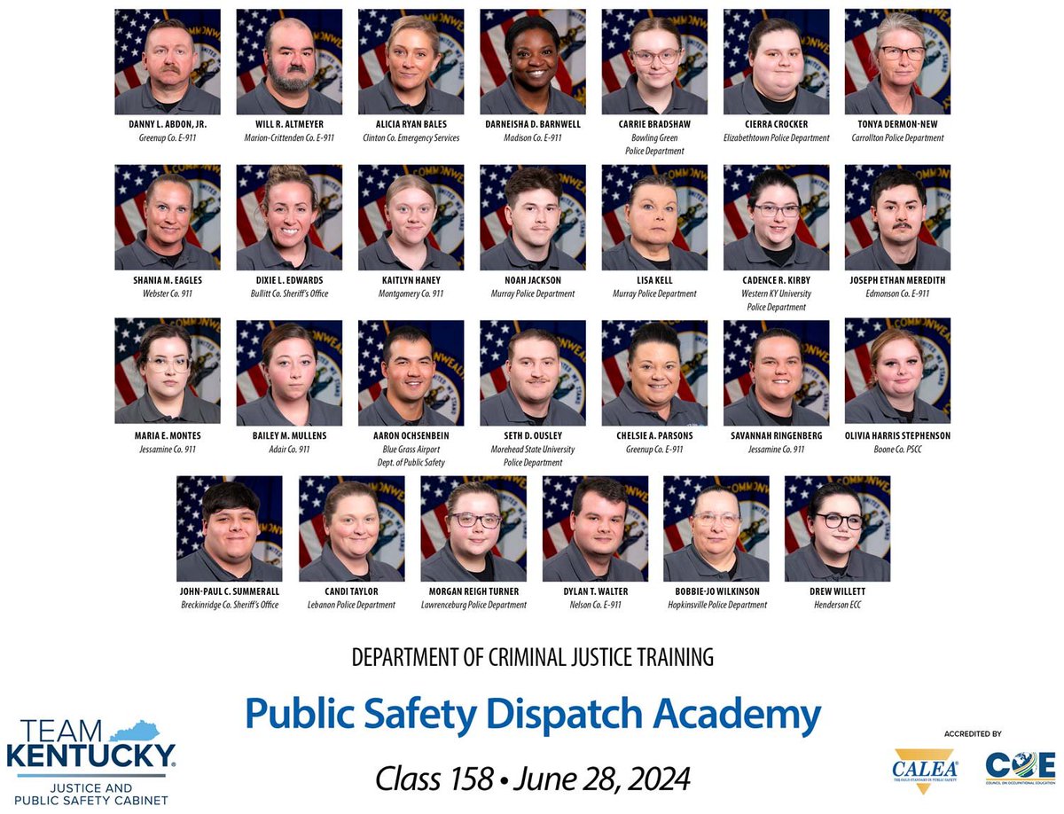 KYDOCJT's tweet image. On June 28, Gov. Andy Beshear and DOCJT announced that 27 dispatchers from across the state graduated from the Public Safety Dispatch Academy.

Read the news release ➡️ bit.ly/3L705yT

#Congratulations #psdaclass158 #docjt