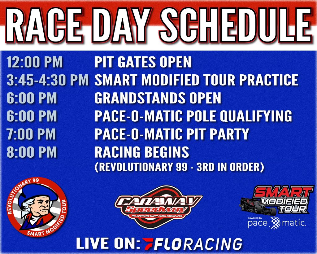 SMARTMods_'s tweet image. It’s a Revolutionary Schedule‼️

🗓️ Saturday, July 6 🇺🇸 
📍 @carawayspeedway 💥 
📢 Revolutionary 99 - #SMARTMods
