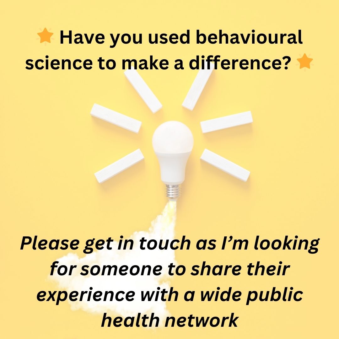 DigitalOlivia's tweet image. Looking for a case study example that demonstrates the step-by-step application of behavioural science to a public health issue. Does anyone have anything they could share? Please retweet…. an excellent opp to showcase work @divhealthpsych @trainee_network #behaviourchange