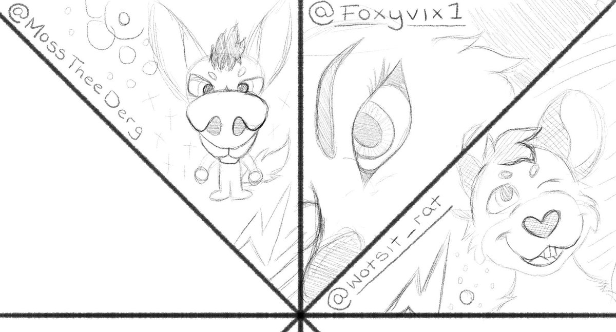 sketching random furries from my timeline, starting with <a href="/MossTheeDerg/">Moss</a>, <a href="/Foxyvix1/">💜Foxyvix💜</a> and <a href="/Wotsit_rat/">🌟Mikmik🌟</a>🤍