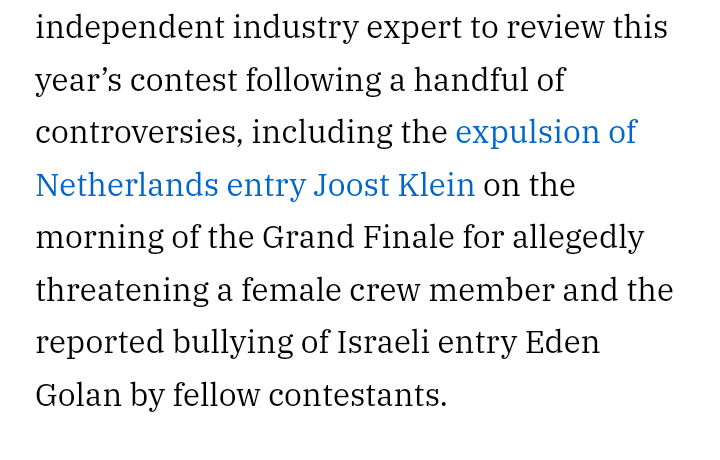 EscAerial's tweet photo. Dear @Variety .... This is absolutely NOT why there was an external review of this year's #Eurovision. I remember no reports of other contestants bullying Eden, and suggesting they did is irresponsible. The issue was the Israeli delegation harassing other artists all week. Thx. https://t.co/gk0np4MMaj