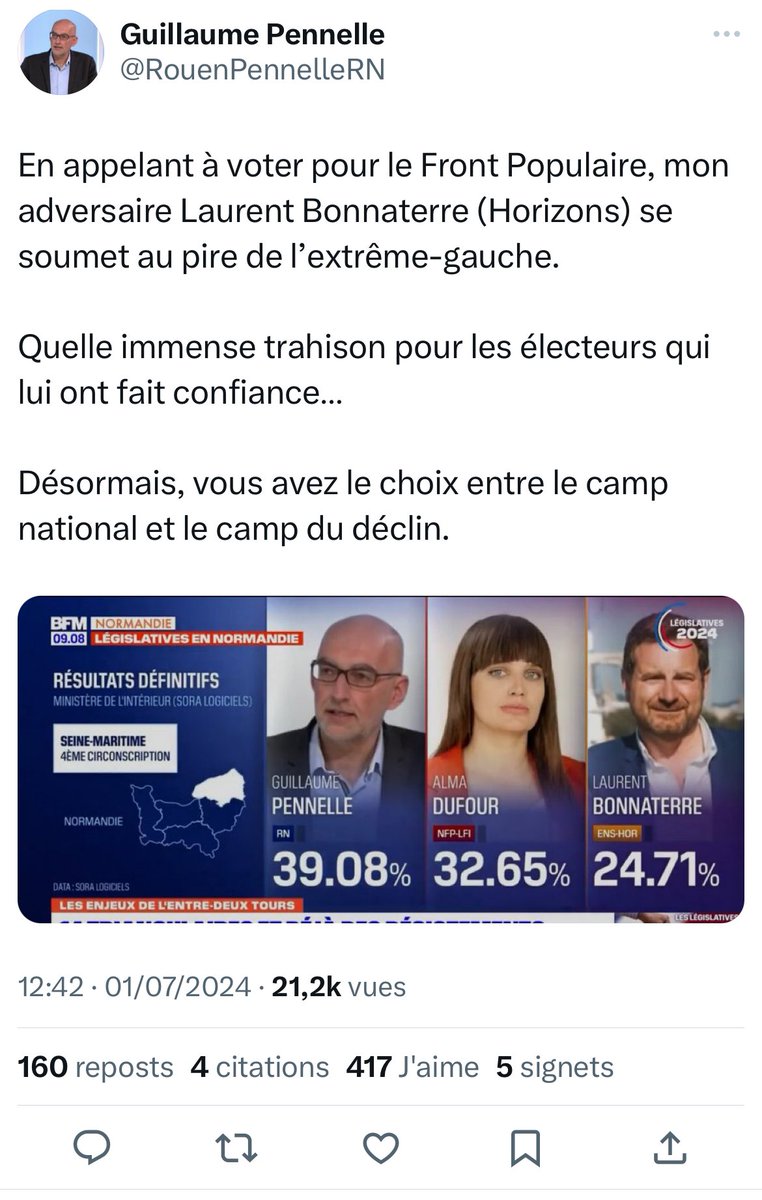 Bardella vote (ou non) des lois sans les lire, quoi d’étonnant que ce Monsieur  puisse livrer ses pseudos analyses sans se documenter.
Bardella ment outrageusement aux Français comme sur le pouvoir d’achat, quoi d’étonnant que ce Monsieur le fasse pour sa campagne.
<a href="/BonnaterreL/">Bonnaterre Laurent</a>