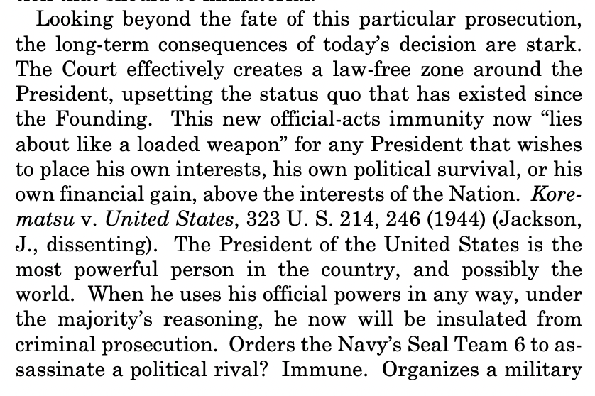 's tweet image. The Supreme Court just ruled that if the President ordered Seal Team 6 to assassinate his political opponent, he would be immune from criminal prosecution 

This isn't a joke