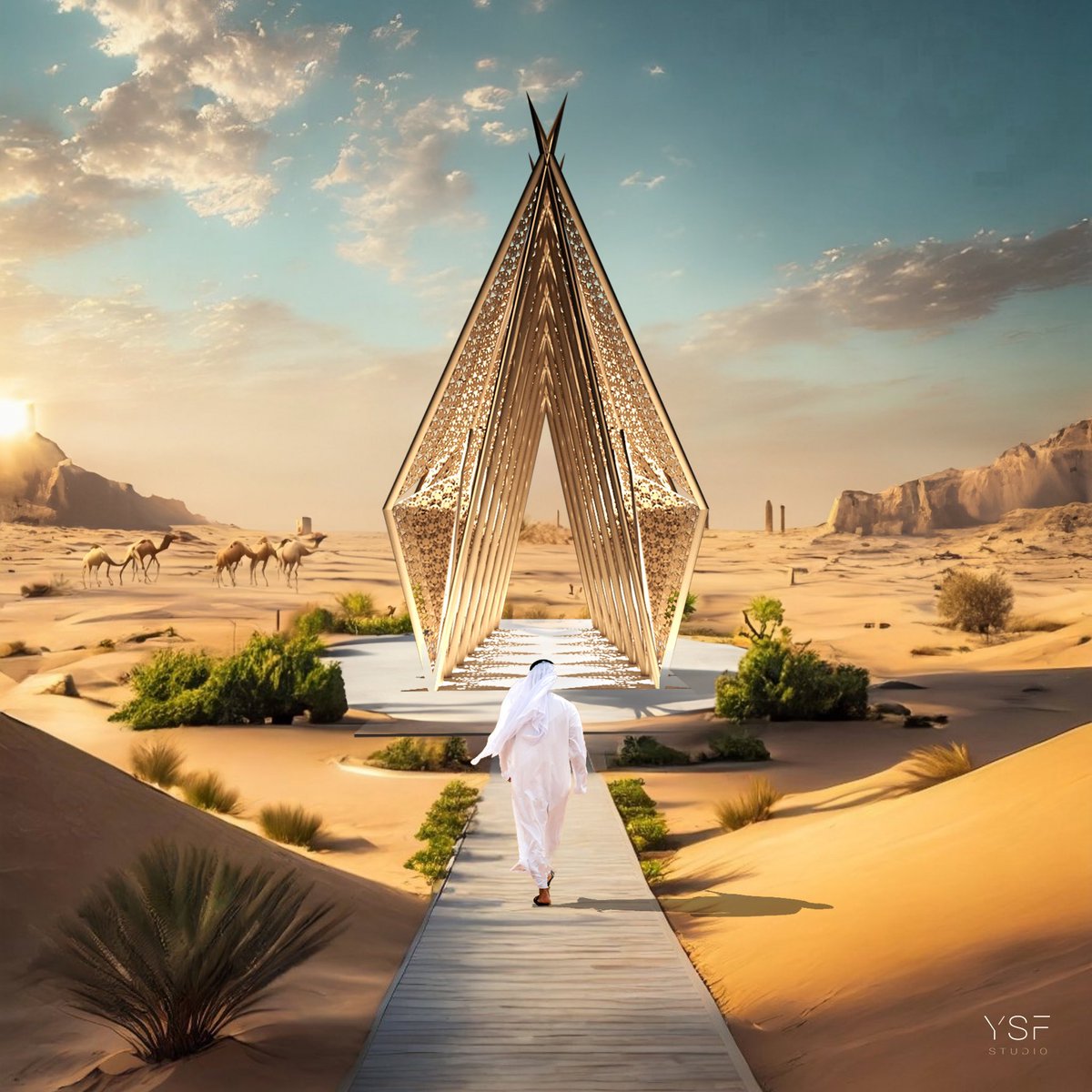 YousefAlKhamees's tweet photo. جناح السدو 

مستوحى من نمط الحياة الرحلاني في الصحراء، يأخذ الجناح شكل الخيمة الرمزية، رمزاً لروح الصمود و الرحلان لسكان الصحراء. يتضمن التصميم هندسة ثلاثية الأضلاع و ألواح معدنية مثقبة تجسد جوهر المشربية،  و تذكر بالسدو الكويتي التقليدي. 

من تصميم YSF Studio

#السدو #الكويت https://t.co/rQbv1VwCpp