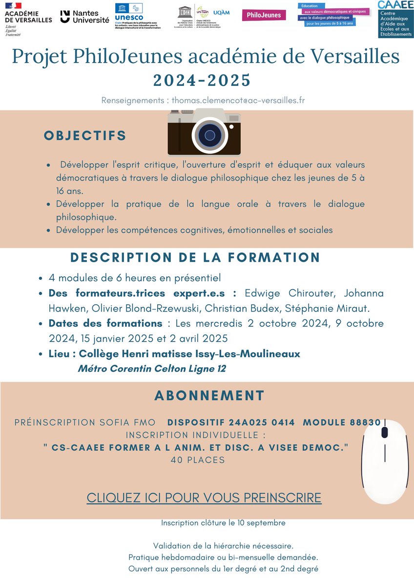 Christian Budex (@cbudex) on Twitter photo La formation PhiloJeunes "saison 7" portée par le <a href="/CAAEEVersailles/">CAAEE Versailles</a> débutera le 2 octobre 2024 . Vous êtes personnels de <a href="/acversailles/">Académie de Versailles</a> et vous souhaitez être formé.e.s à l'animation d'ateliers philo ? Le lien vers l'inscription : urlz.fr/r5tA
Le flyer ici La formation PhiloJeunes "saison 7" portée par le <a href="/CAAEEVersailles/">CAAEE Versailles</a> débutera le 2 octobre 2024 . Vous êtes personnels de <a href="/acversailles/">Académie de Versailles</a> et vous souhaitez être formé.e.s à l'animation d'ateliers philo ? Le lien vers l'inscription : urlz.fr/r5tA
Le flyer ici