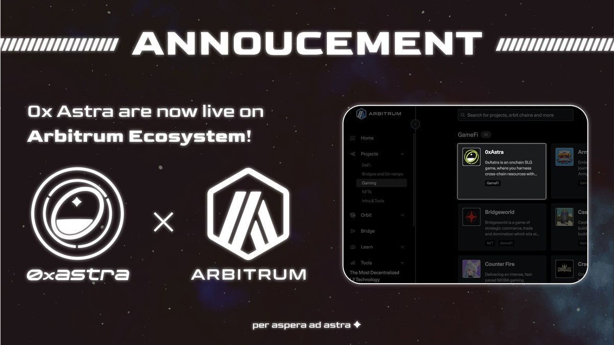 0xAstra_xyz's tweet photo. We are excited to announce that 0xAstra is now officially part of the @arbitrum ecosystem! 💙

Find us in the Gaming Section of the Arbitrum Portal:

> https://t.co/mkIgNS4b9p https://t.co/XWeNsd0KHd